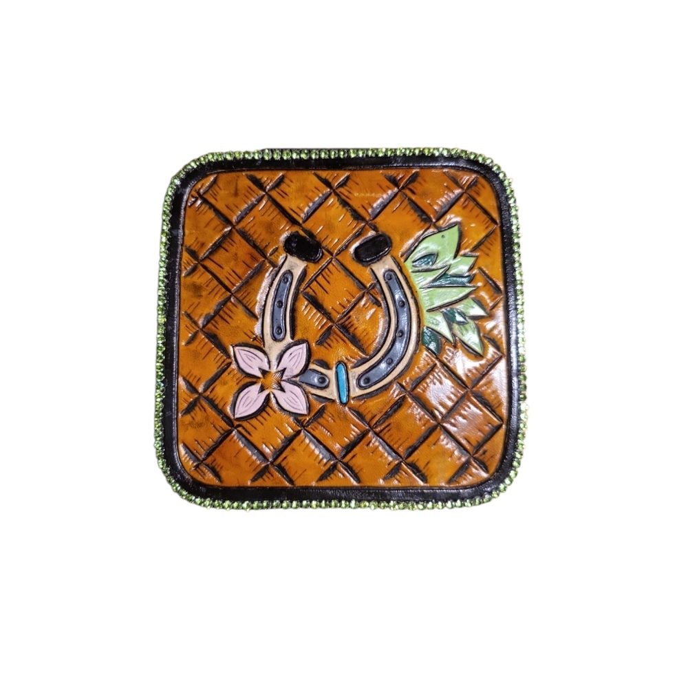 Handcrafted Genuine Leather Tooled Travel Jewelry Box Horseshoe